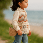 Home oung girl in a crochet zigzag vest over a cream shirt, blue jeans, and brown boots, walking by the water.