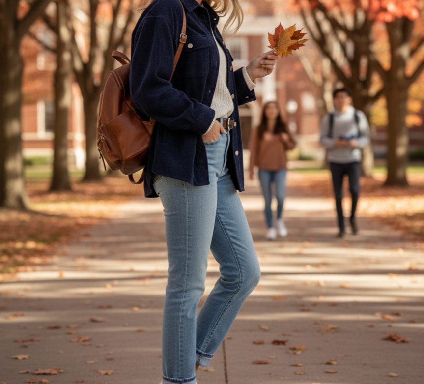 Home Woman holding a fall leaf on a campus walkway, wearing a backpack and casual outfit.