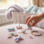 Home Child's hand reaching for glittery star hair clip among various colorful accessories like a rainbow, unicorn clip, bow clips, and a beaded smiley face bracelet.