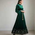 Home Elegant emerald green velvet gown with celestial gold embroidery along the hem and a gold rope belt.
