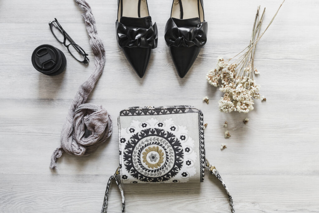 overhead view female s accessories wooden desk